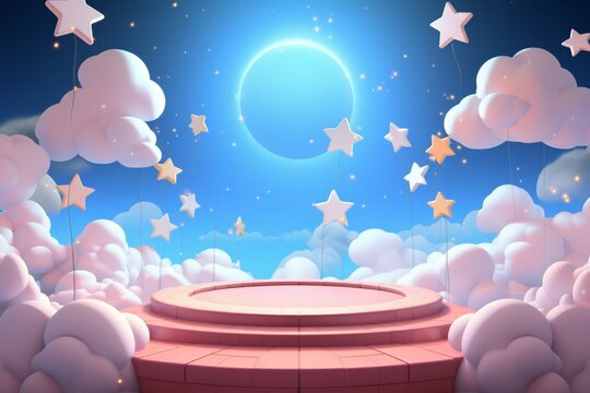 Cartoon podium against a celestial backdrop, adorned with 3D rendered clouds and stars