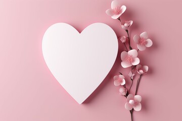 Express your affection with a paper card featuring a heart and pink bloom - obrazy, fototapety, plakaty