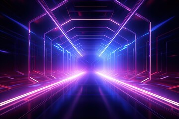 Abstract architecture tunnel with neon light, 3d illustration