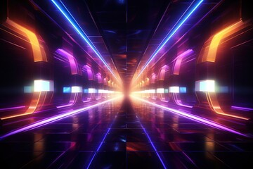 Abstract architecture tunnel with neon light, 3d illustration