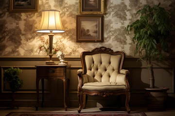 Traditional interior design,bright lighting,lamp,frame,plant,morning lighting,carpet,wallpaper.