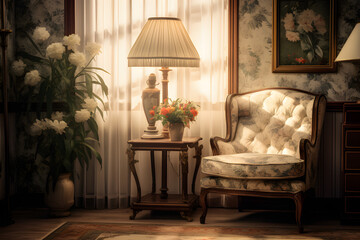Fototapeta premium Traditional interior design,bright lighting,lamp,frame,plant,morning lighting,carpet,wallpaper.