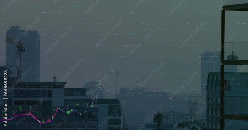 Aufkleber animation of multiple graphs and numbers over modern buildings against sky