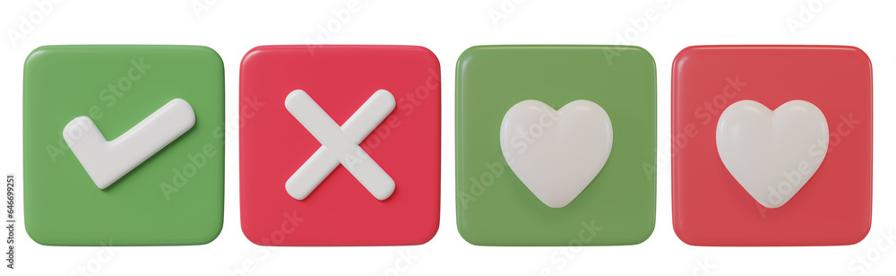 Poster 3d set of like correct incorrect alert button use for graphic element web element .3d render illustr