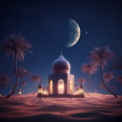 Islamic illustration of a mosque and desert at night for background of a Mawlid Al Nabi flyer or poster - obrazy, fototapety, plakaty