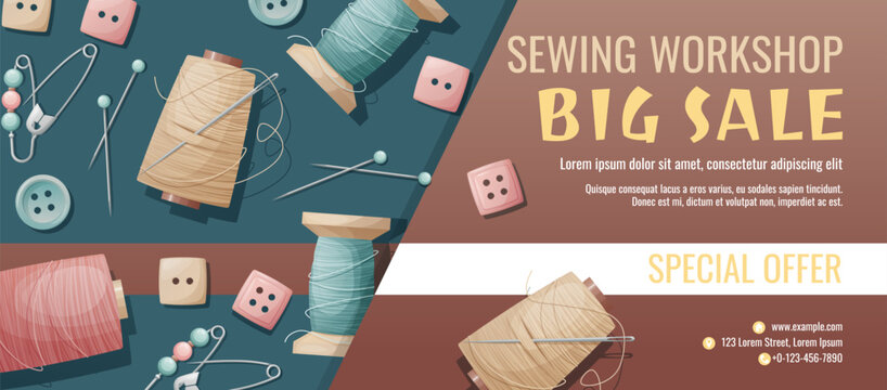 Banner template for sewing workshop. Discount coupon with sewing items. Pattern, template, buttons, thread. Poster for sewing courses, schools, shops, ateliers. Discounts on products and services