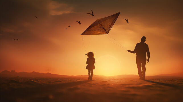 dark silhouette image of a happy family flying a kite . 