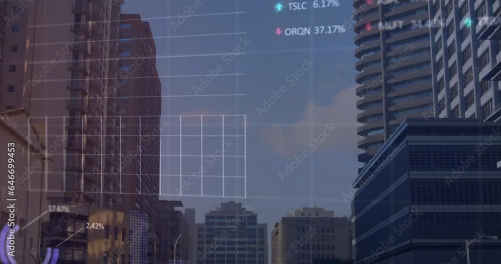 Poster animation of multiple graphs and trading boards over modern buildings against cloudy sky