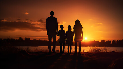 dark silhouette image of a happy family including mother father brother sister . 