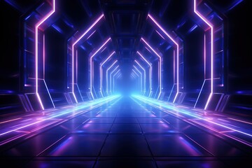 Fototapeta na wymiar Psychedelic Abstract Futuristic Neon Fluorescent Sci Fi Vibrant Purple Blue Glow Laser Showcase Stage Dark Room Retro Modern Virtual Background Spaceship Corridor Tunnel Shapes 3D Rendering