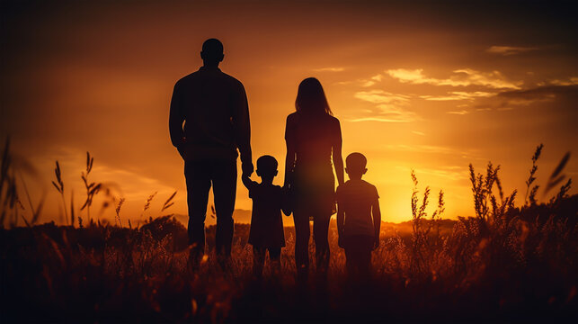 dark silhouette image of a happy family including mother father brother sister . 