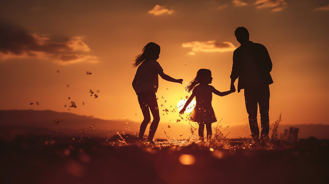 dark silhouette image of a happy family playing . 