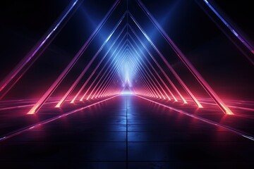 3d render, Geometric figure in neon light against a dark tunnel, Laser line glow, Neon backgrounds