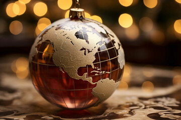 Fototapeta na wymiar A Mesmerizing Close-Up View of a Christmas Bauble Shaped Like a Globe, Radiating Festive Charm and Global Celebration