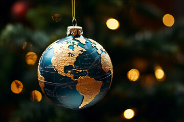 A Mesmerizing Close-Up View of a Christmas Bauble Shaped Like a Globe, Radiating Festive Charm and Global Celebration - obrazy, fototapety, plakaty