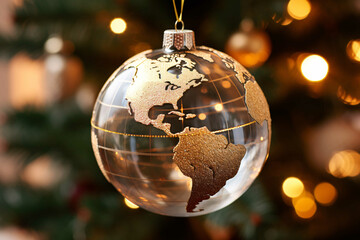 A Mesmerizing Close-Up View of a Christmas Bauble Shaped Like a Globe, Radiating Festive Charm and Global Celebration