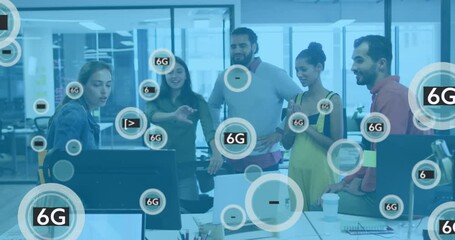 Animation of 6g texts in circles over diverse coworkers sharing ideas in office - Powered by Adobe