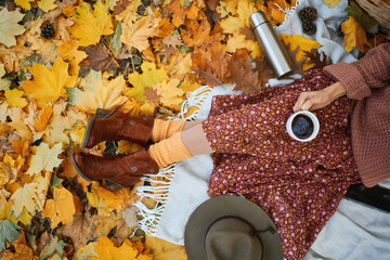 Top view of fashionable vintage style girl holding cup with coffee in autumn park, surrounded by colorful leaves