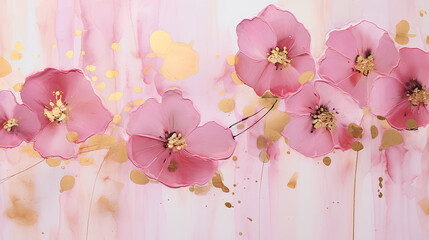Beautiful background with watercolor flowers and golden splashes. High quality photo