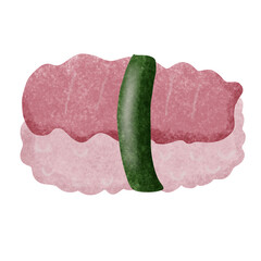 Sketch drawn vector illustration of sushi rolls set and chopsticks in motion against monochrome orange background. Cafe poster, signboard, asian cuisine menu decoration, ad banner design