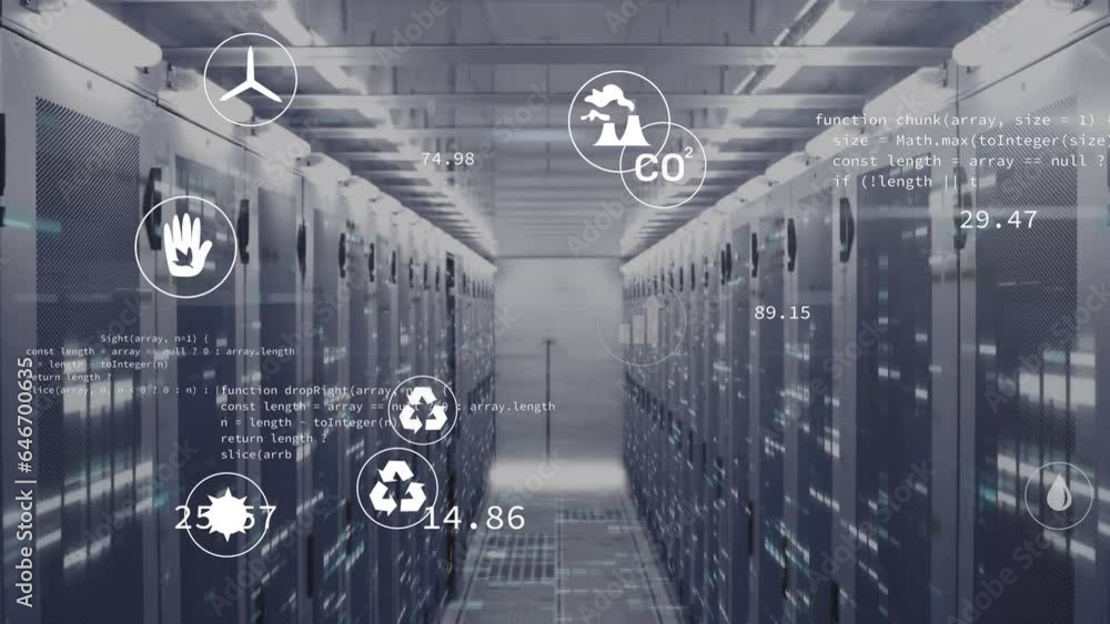 Poster animation of icons and computer language over bars on data server racks in server room