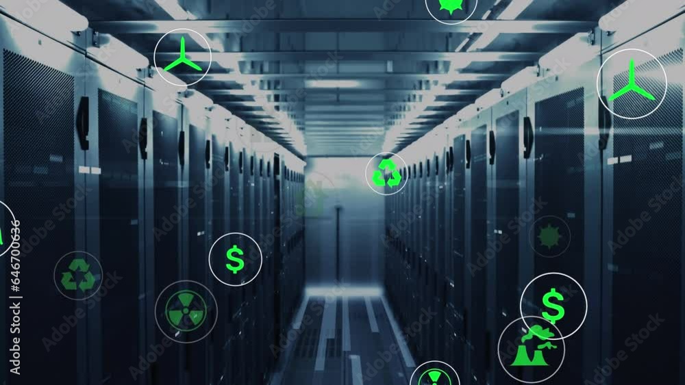 Poster animation of icon in circles over bars on data server racks in server room