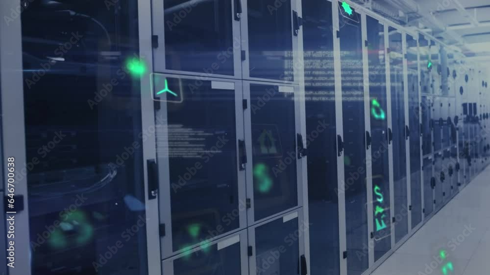 Poster animation of icons and computer language with lens flares over data server racks in server room