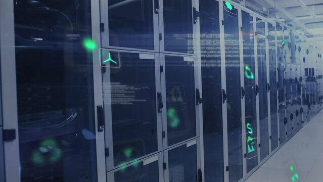 Animation of icons and computer language with lens flares over data server racks in server room