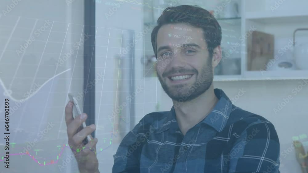 Poster animation of multiple graphs and trading boards, smiling caucasian man talking on cellphone