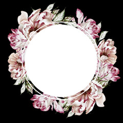 Watercolor card with roses and leaves. Illustration