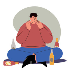 Alcoholism problem vector illustration. Man with substance abuse issue.Alcoholic man flat characters on flat background. Bad habit colourful scene. Vector illustration