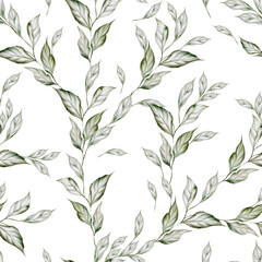 Watercolor seamless pattern with green leaves. Illustration
