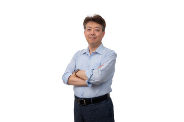 Portrait of a middle-aged Asian male businessman in his 50s wearing a blue shirt