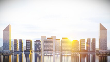 City Skyline Background at Sunset with Reflection Ground,3D Rendering.