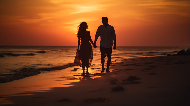 dark silhouette image of a lovely couple go on a beach . 