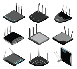 Router isometric icons set. Vector wifi routers, internet modem for web design isolated on white background - obrazy, fototapety, plakaty