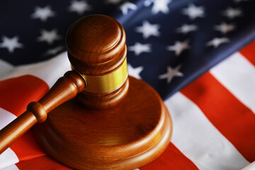Judge's gavel on the table in focus. Cropped view of Judge's hammer for attention and verdict,...