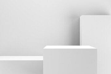 Modern empty white rectangular cube podiums, platform or pedestal.