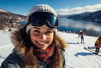 Fototapeta na wymiar female skier smiling and holding skis in Winter mountain