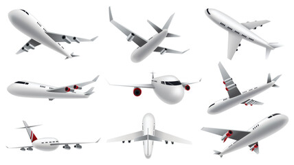 Airplanes on white background. Airliner in top, side, front view and isometric. Vector realistic aircraft. Passenger plane, sky flying aeroplane and airplane in different views