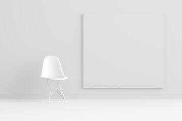 Room interior with modern white chair and a big empty poster frame on the wall.