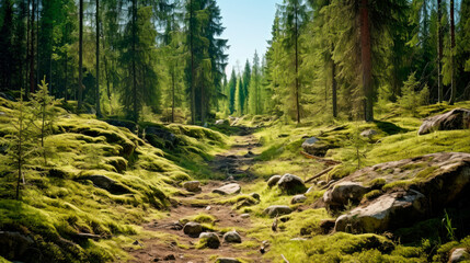 Fototapeta na wymiar Empty pathway in a coniferous forest covered of green moss