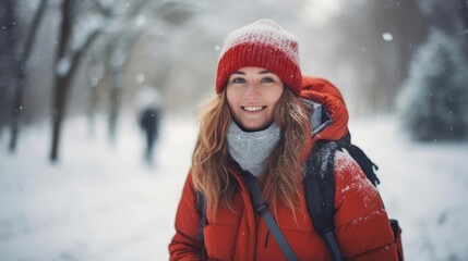 photo of happy young woman walking in a snowy winter park