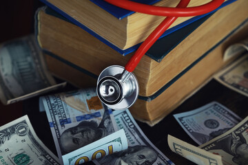 Financial analysis, auditing or business concept. Symbolic image of US Dollar banknotes with...