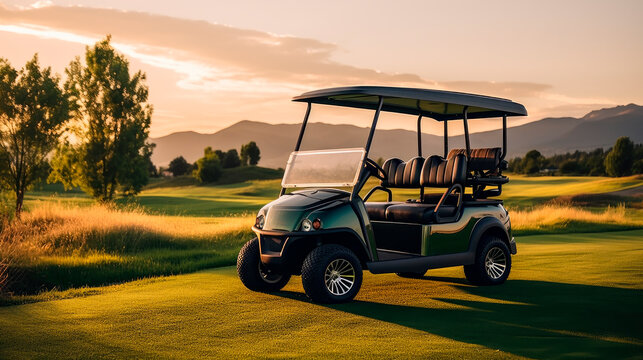 Golf car parked on a golf course with a beautiful scenery