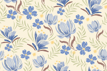 Blue floral pattern seamless watercolour embroidery border vintage magnolia flower motifs. Ikat traditional batik style. Ikat pattern seamless vector illustration design . - obrazy, fototapety, plakaty