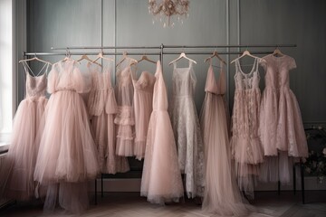 Fototapeta premium The bridal and evening dress boutique showcases fashionable, elegant dresses that embody bridal beauty and style in a luxurious setting.