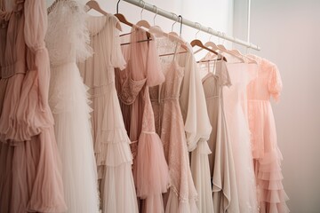 An elegant wedding boutique presents a luxurious collection of stylish wedding and evening dresses.