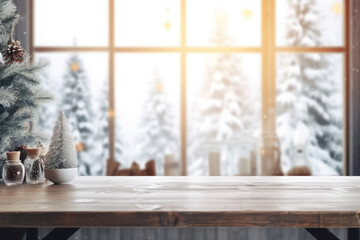 Empty wooden table on the background blurred winter holiday background.The background can be used for mounting or displaying your products.
