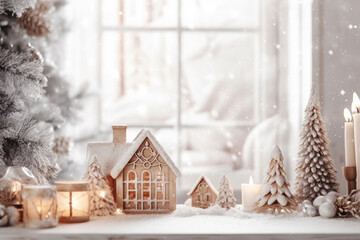Christmas wooden houses, gingerbread houses, a lantern, candles, a Christmas tree on the background of a window in the house. Celebration atmosphere. Christmas decorations.
